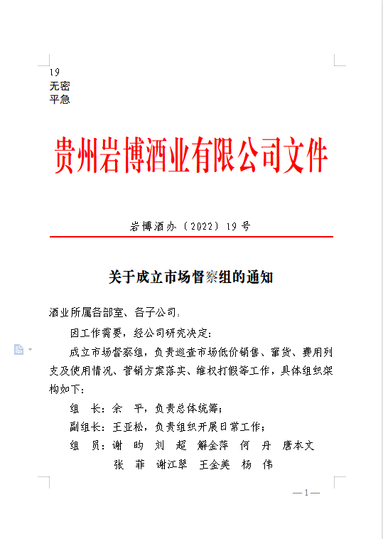 关于成立市场督察组的通知